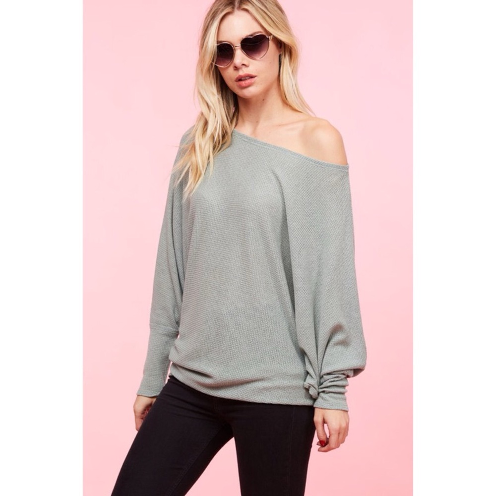 LAST ONEOff the Shoulder Textured Knitted Top-SAGE - Picture 3 of 5